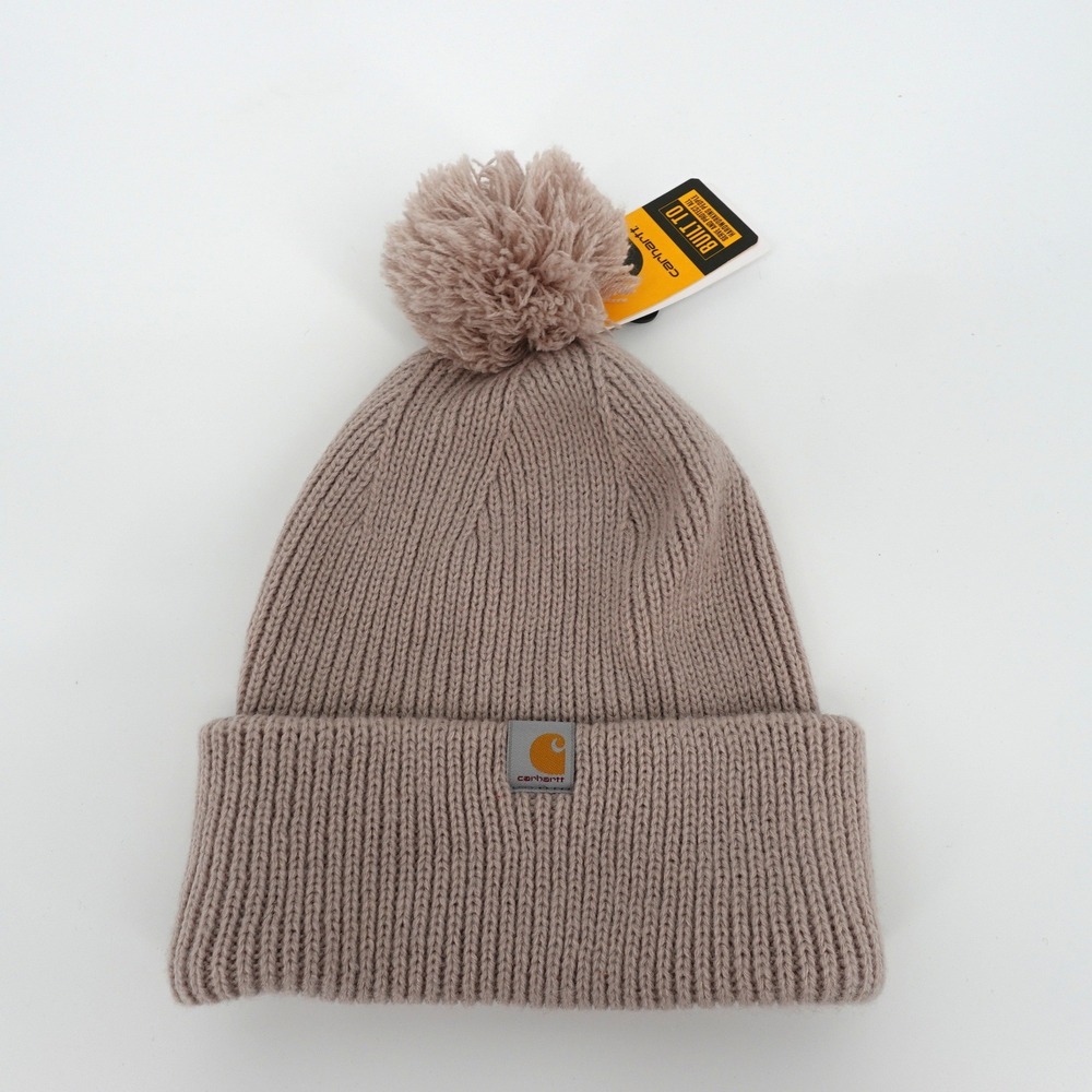Carhartt Womens Knit Pom-Pom Cuffed Beanie Taupe Beige One Size NEW